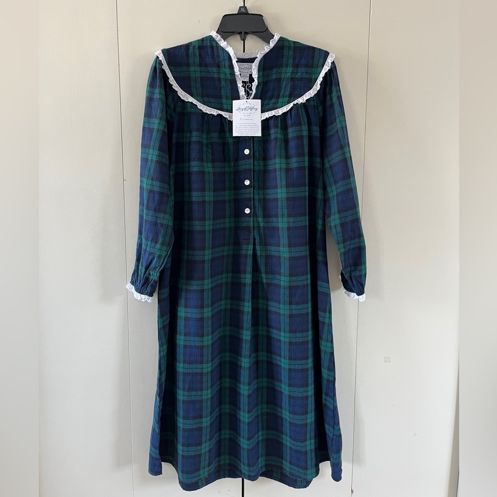 NWT Lanz of Salzburg Black Watch Plaid Cotton Flannel Midi Nightgown Women’s S